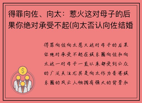 得罪向佐、向太：惹火这对母子的后果你绝对承受不起(向太否认向佐结婚)