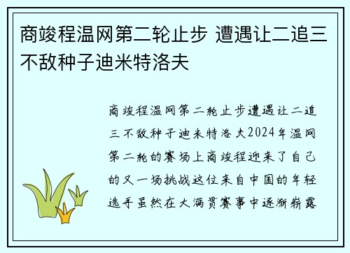 商竣程温网第二轮止步 遭遇让二追三不敌种子迪米特洛夫