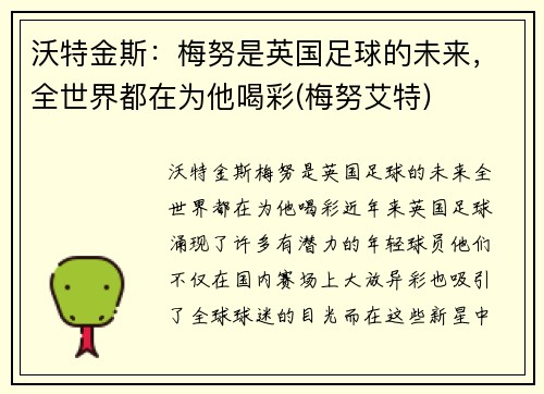 沃特金斯：梅努是英国足球的未来，全世界都在为他喝彩(梅努艾特)