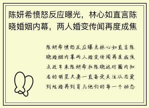 陈妍希愤怒反应曝光，林心如直言陈晓婚姻内幕，两人婚变传闻再度成焦点