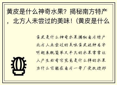 黄皮是什么神奇水果？揭秘南方特产，北方人未尝过的美味！(黄皮是什么类型的水果)
